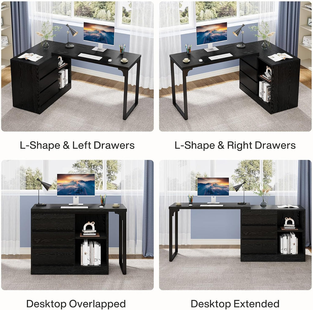 Tribesigns L-Shaped Computer Desk with Drawers and Shelves, Reversible Corner Office Desk with Storage Cabinet, Modern Study Writing Table for Home Office, Bedroom (Black)