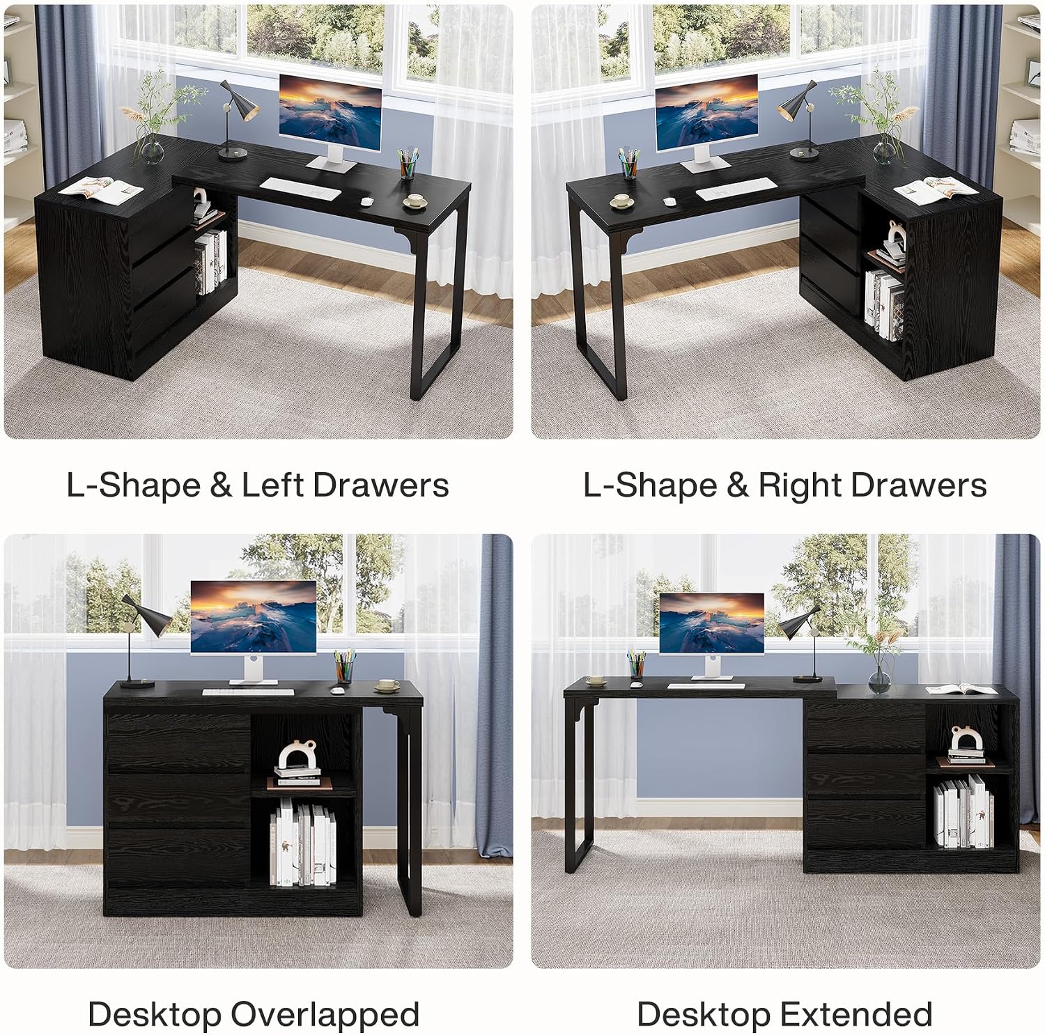 Tribesigns L-Shaped Computer Desk with Drawers and Shelves, Reversible Corner Office Desk with Storage Cabinet, Modern Study Writing Table for Home Office, Bedroom (Black)