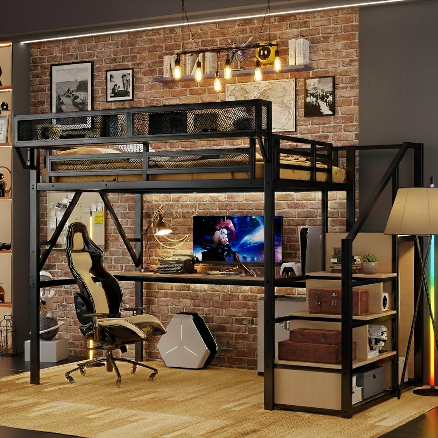 Full Size Loft Bed with Stairs & Desk, Metal High Gaming Loft Bed Full Frame with Storage Shelves, RGB Light & Charging Station, Heavy-Duty Beds with Closet for Adults,Teens, Kids, Black