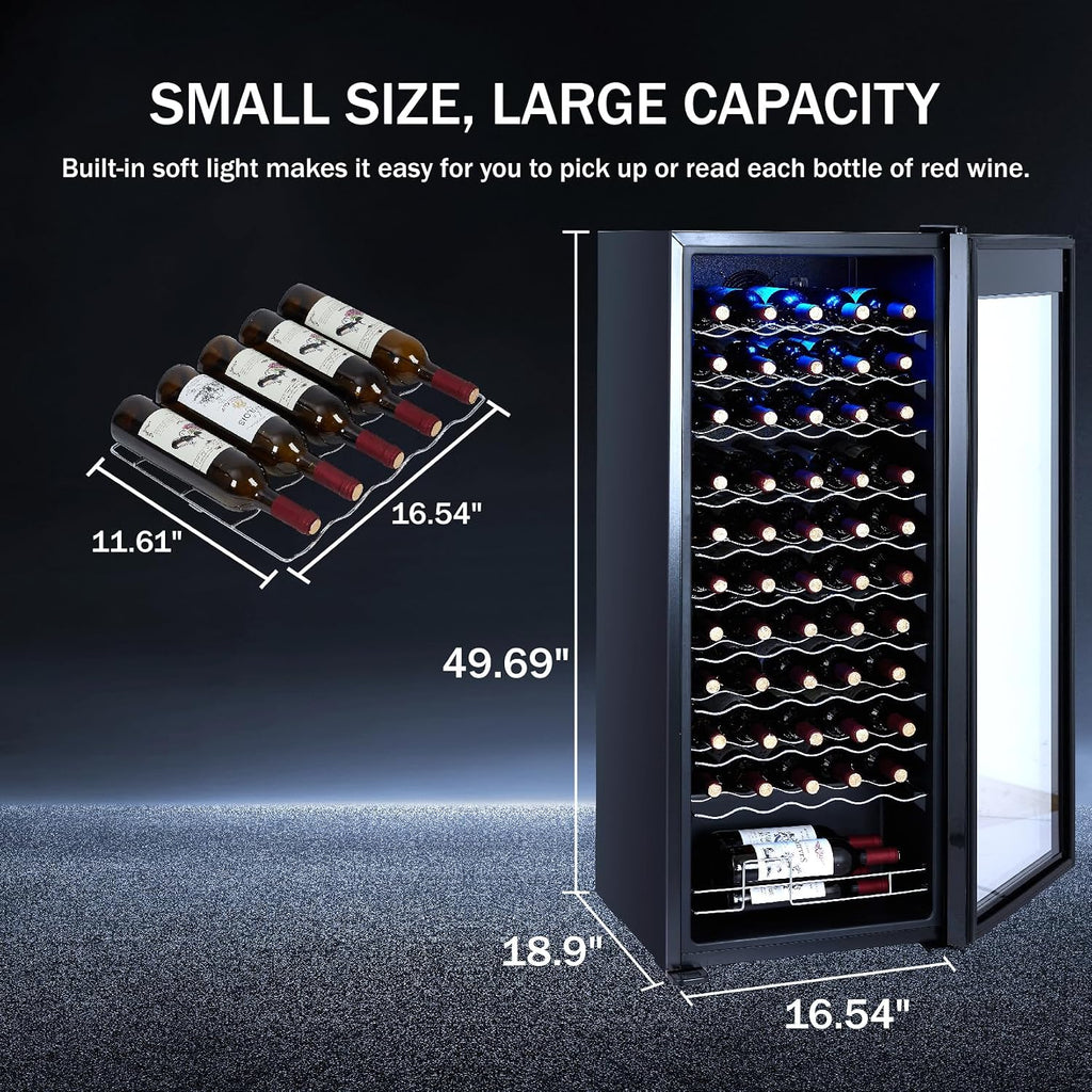 Wine Cooler 55 Bottle, Beverage Refrigerator with Glass Door, Adjustable Shelves & Digital Temperature Display (41–64℉), Quiet Freestanding Mini Fridge for Wine, Beer, Soda & Drinks—Home, Bar