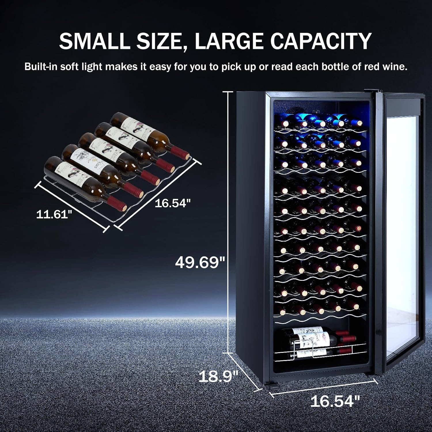 Wine Cooler 55 Bottle, Beverage Refrigerator with Glass Door, Adjustable Shelves & Digital Temperature Display (41–64℉), Quiet Freestanding Mini Fridge for Wine, Beer, Soda & Drinks—Home, Bar