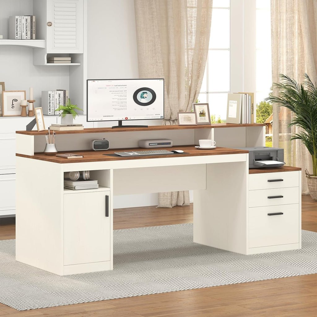 YOMILUVE 65 Inch Computer Desk with 3 Drawers & Storage Shelves, Executive Desk with File Drawer & Cabinet, Home Office Desk with Long Monitor Stand & Printer Shelf, Antique White