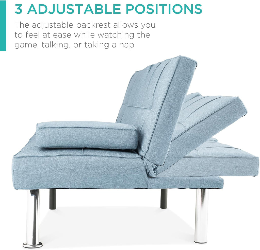 Best Choice Products Linen Modern Folding Futon, Reclining Sofa Bed for Apartment, Dorm w/Removable Armrests, 2 Cupholders - Light Blue