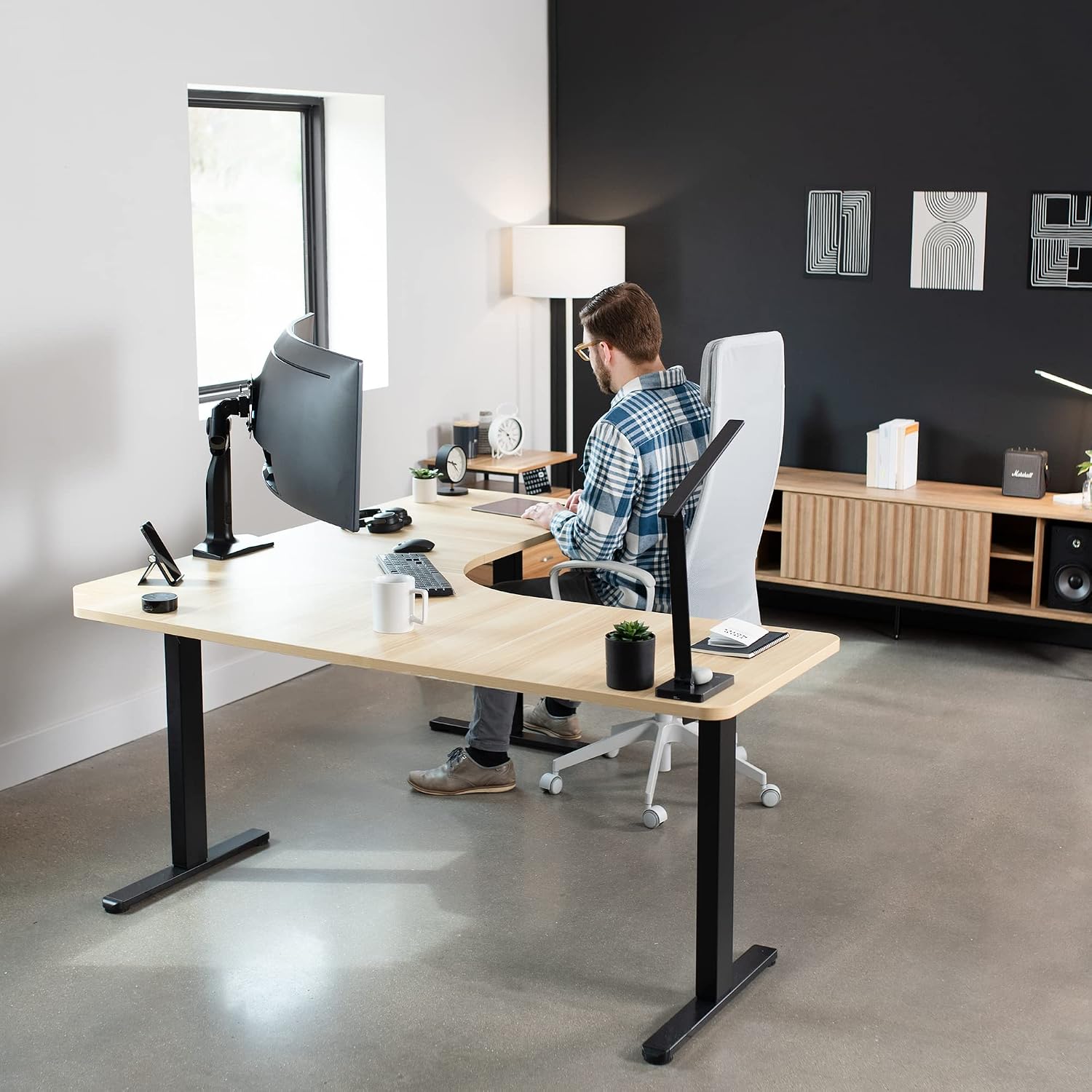 VIVO Universal 71 x 71 inch Curved Corner Table Top for L-Shape Sit to Stand Height Adjustable Home and Office 3-Leg Desk Frames, Light Wood Desktop, DESK-TOP2CC