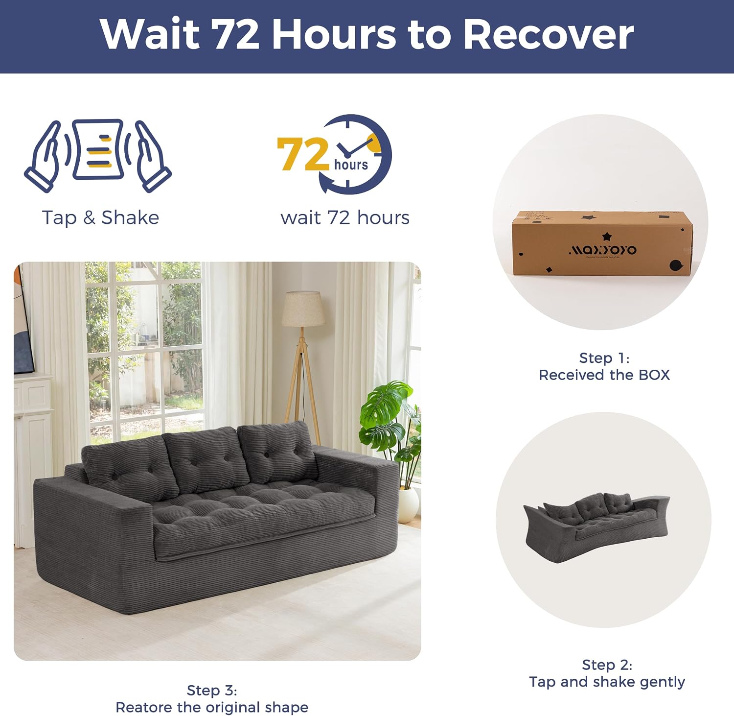MAXYOYO 79' Loveseat Sofa Couch for Small Spaces, Upholstered Boneless Cloud Couch for Apartment Bedroom, 3-Seater Love Seat Floor Modern Sofa with Pillows, No Assembly Required, Dark Grey