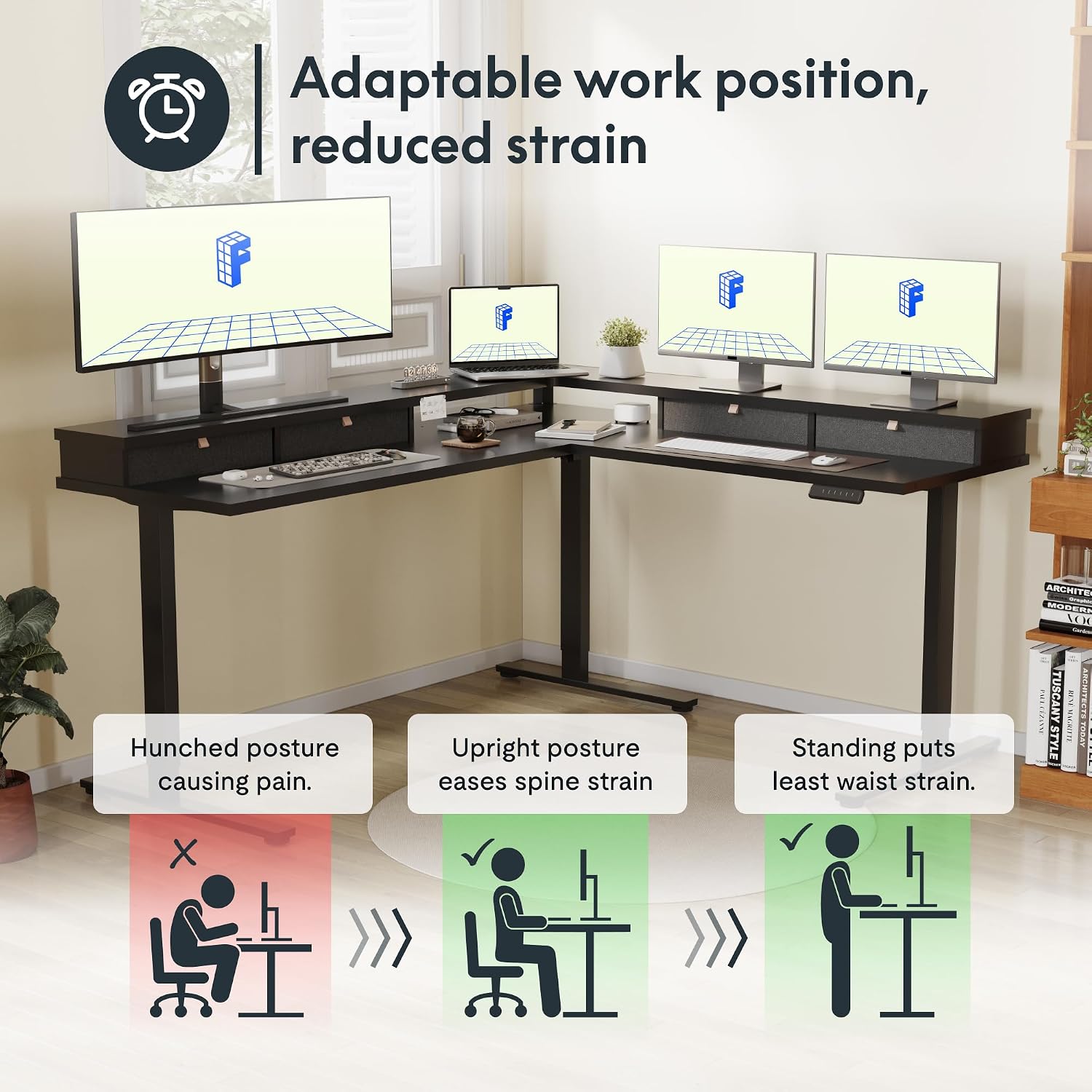 FLEXISPOT 63' L Shaped Standing Desk Electric Corner Table with Monitor Shelf, 4 Storage Drawers, Adjustable Computer Workstation for Home, Office, Game, Studio, Black Top + Black Frame