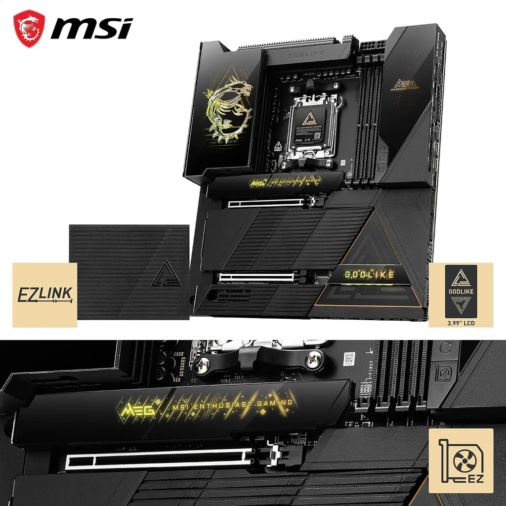 MSI MEG X870E GODLIKE MAX, E-ATX - Supports AMD Ryzen 9000/8000/7000 Processors, AM5 - Dynamic Dashboard III, EZ Slide M.2, 64MB BIOS ROM, 110A SPS, M.2 & PCIe 5.0, USB4, Wi-Fi 7, 10G + 5G LAN