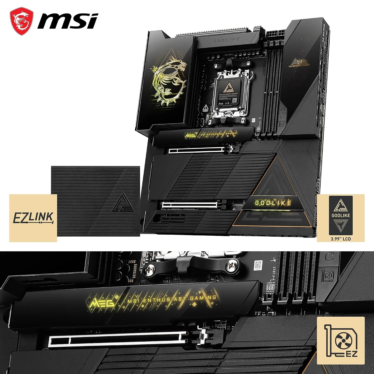MSI MEG X870E GODLIKE MAX, E-ATX - Supports AMD Ryzen 9000/8000/7000 Processors, AM5 - Dynamic Dashboard III, EZ Slide M.2, 64MB BIOS ROM, 110A SPS, M.2 & PCIe 5.0, USB4, Wi-Fi 7, 10G + 5G LAN