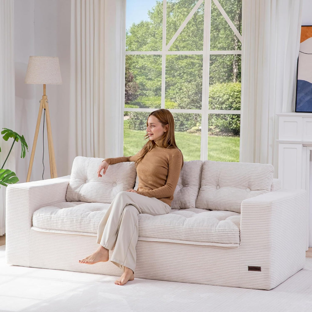 MAXYOYO 79' Loveseat Sofa Couch for Small Spaces, Upholstered Boneless Cloud Couch for Apartment Bedroom, 3-Seater Love Seat Floor Modern Sofa with Pillows, No Assembly Required, Beige