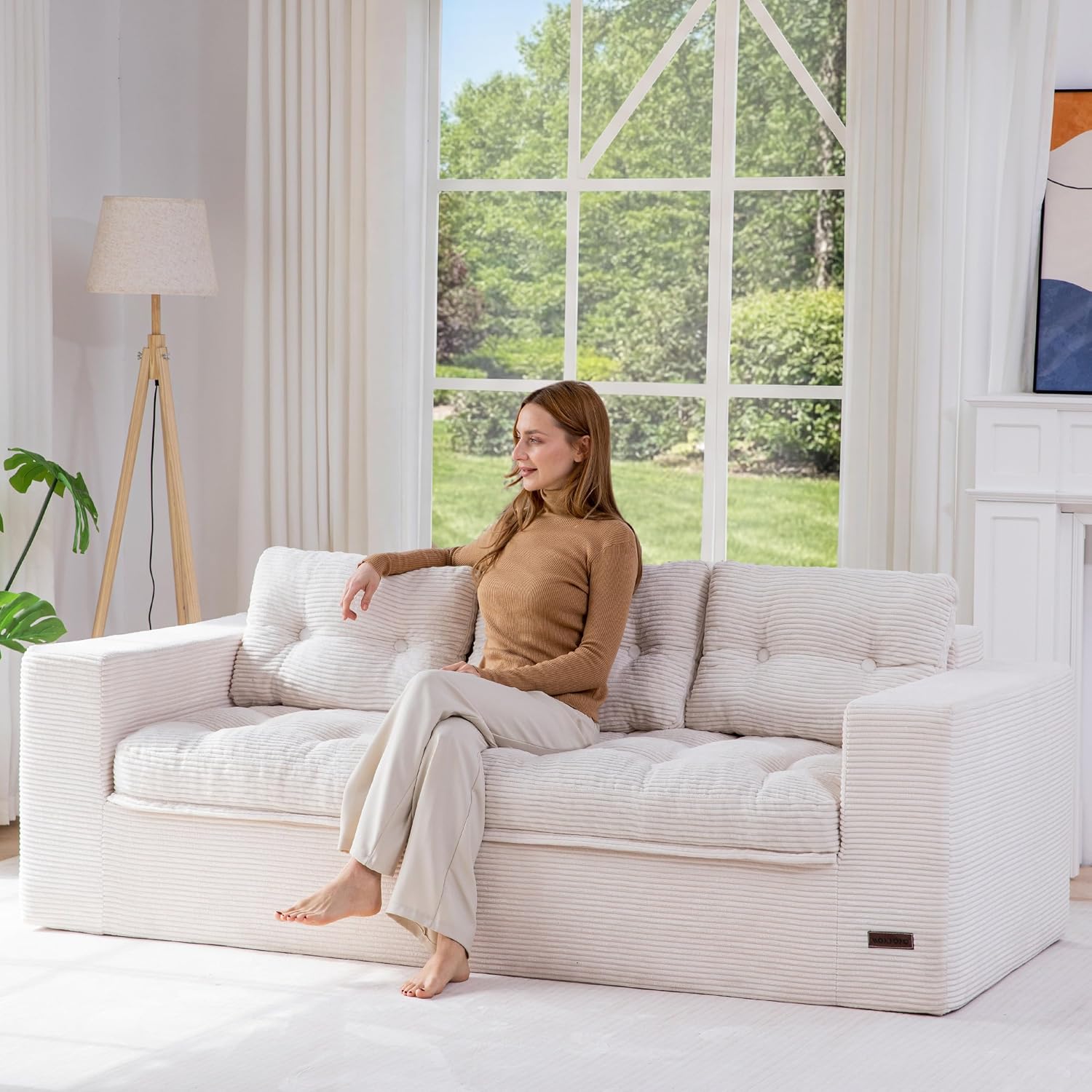 MAXYOYO 79' Loveseat Sofa Couch for Small Spaces, Upholstered Boneless Cloud Couch for Apartment Bedroom, 3-Seater Love Seat Floor Modern Sofa with Pillows, No Assembly Required, Beige
