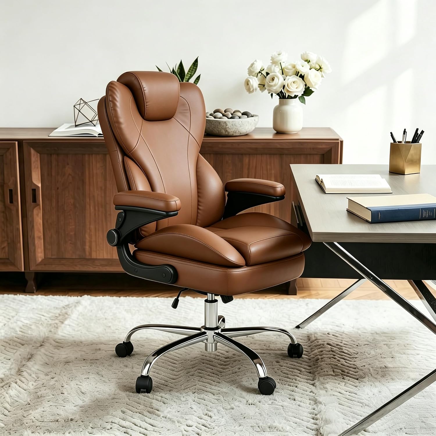 Office Desk Chair, Executive Leather Office Chair, High Back Ergonomic Home Desk Chair with Padded Flip-up Arms, Big and Tall Computer Chair with Rocking Function, 360°Swivel Free, Light Brown