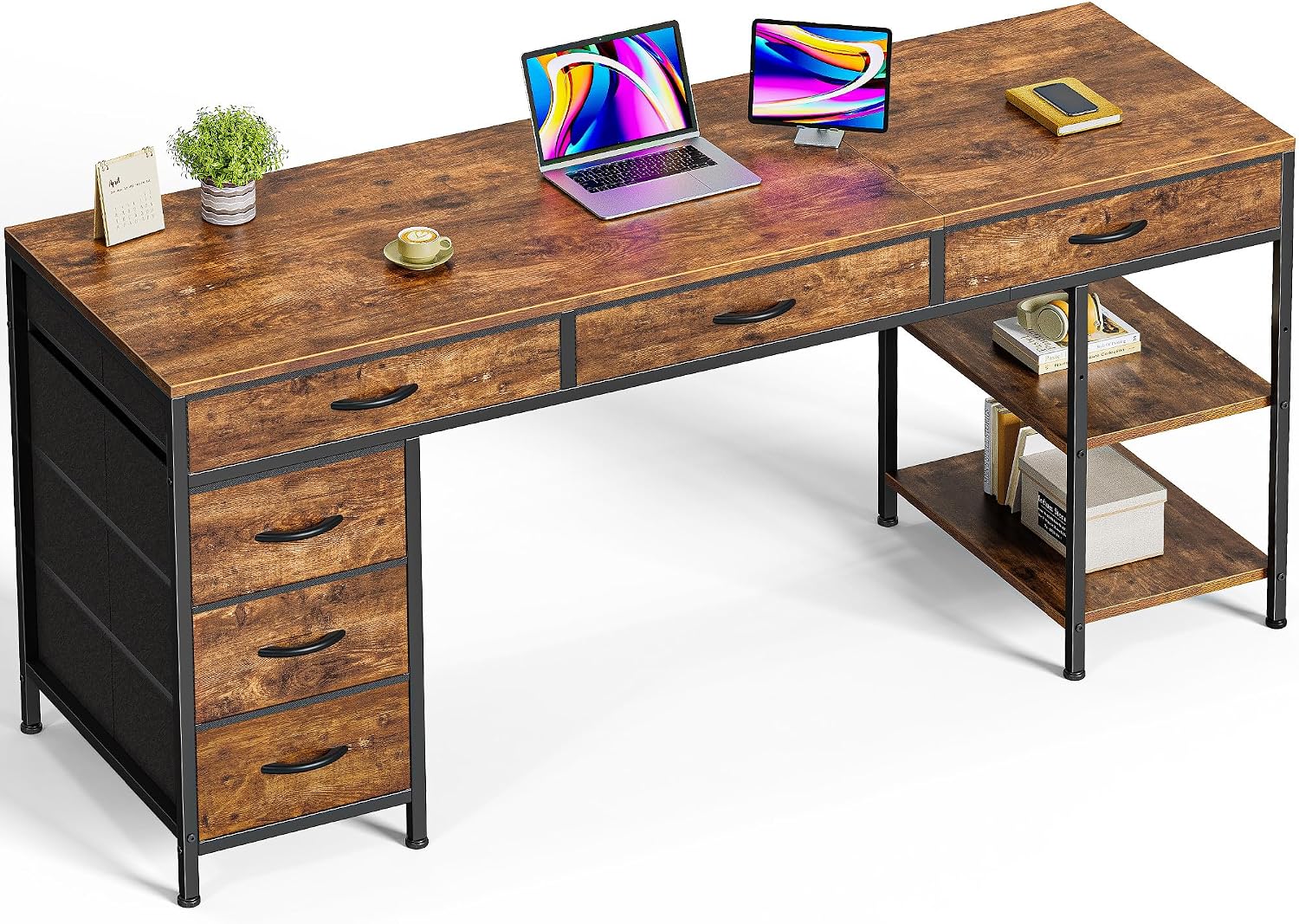Huuger Computer Desk with 6 Drawers, Office Desk with Shelves, Reversible Gaming Desk, Large Corner Desk with Storage, Work for Home Office, Study, Living Room, 63inch, Rustic Brown