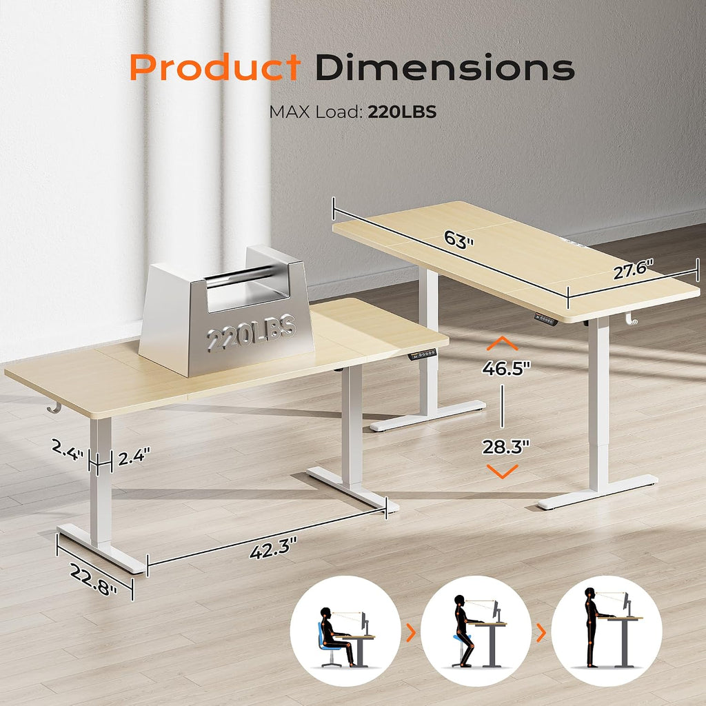 Huuger 63 x 28 Large Electric Standing Desk, Height Adjustable Computer Desk, 27.6' Deep Desktop, Stand up Gaming Office Table with 2 Hooks, 3 Preset Heights, for Home Office, Maple