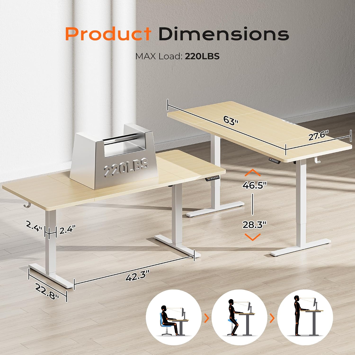 Huuger 63 x 28 Large Electric Standing Desk, Height Adjustable Computer Desk, 27.6' Deep Desktop, Stand up Gaming Office Table with 2 Hooks, 3 Preset Heights, for Home Office, Maple