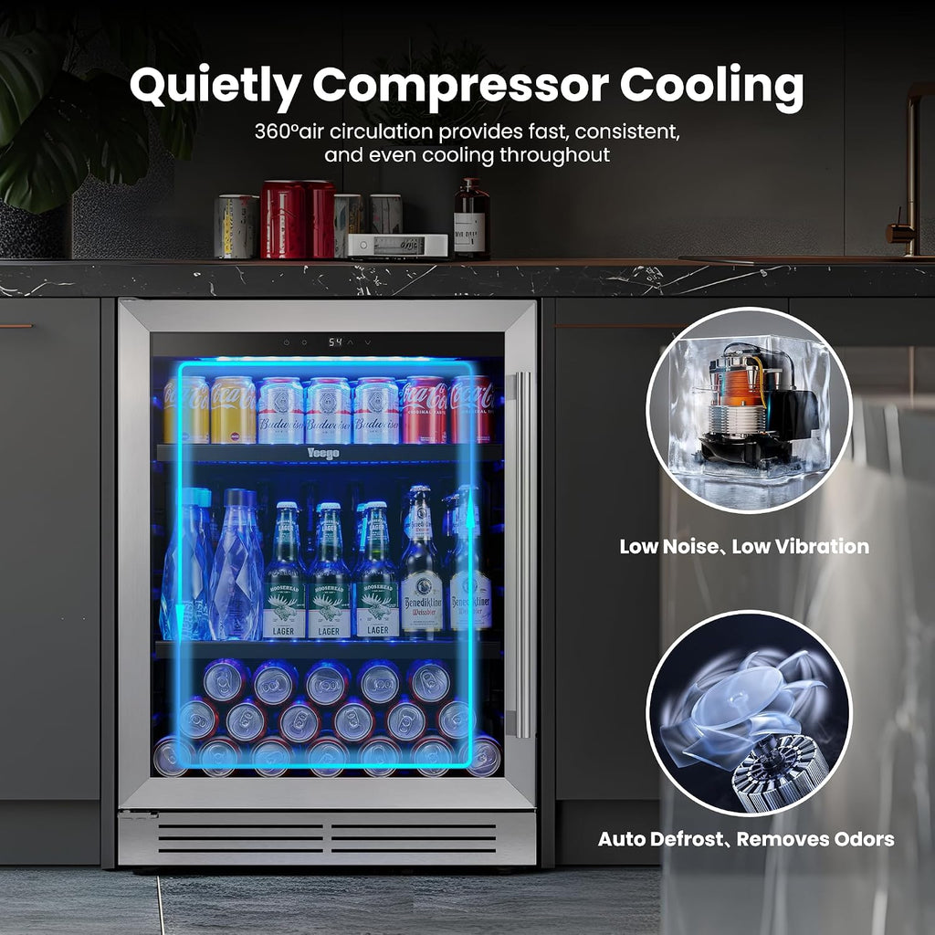 Yeego Beverage-Refrigerator, 24 Inch Beer Cooler Built-in or Freestanding,180 Cans Beverage Cooler with Glass Door，Mini-Fridge for Bottles and Cans Beer/Soda/Water/Wine(Left-Hinged)