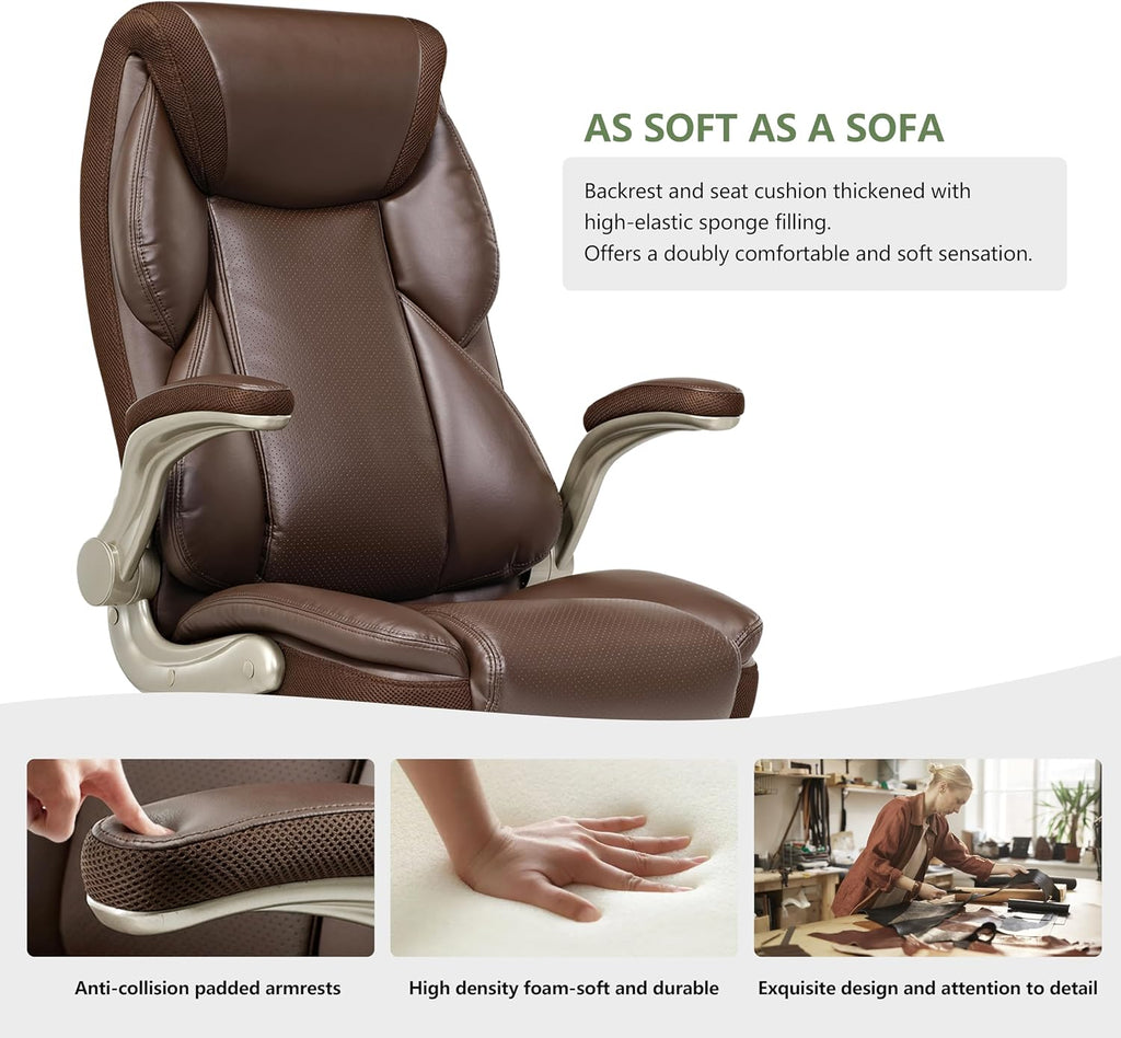 EUREKA ERGONOMIC Galene Executive Office Chair Flip Up Arm Rest, Ergonomic Desk Chair Faux Leather Computer Chair, High Back Office Chair with Headrest, Home Office Desk Chairs with Wheels, Brown