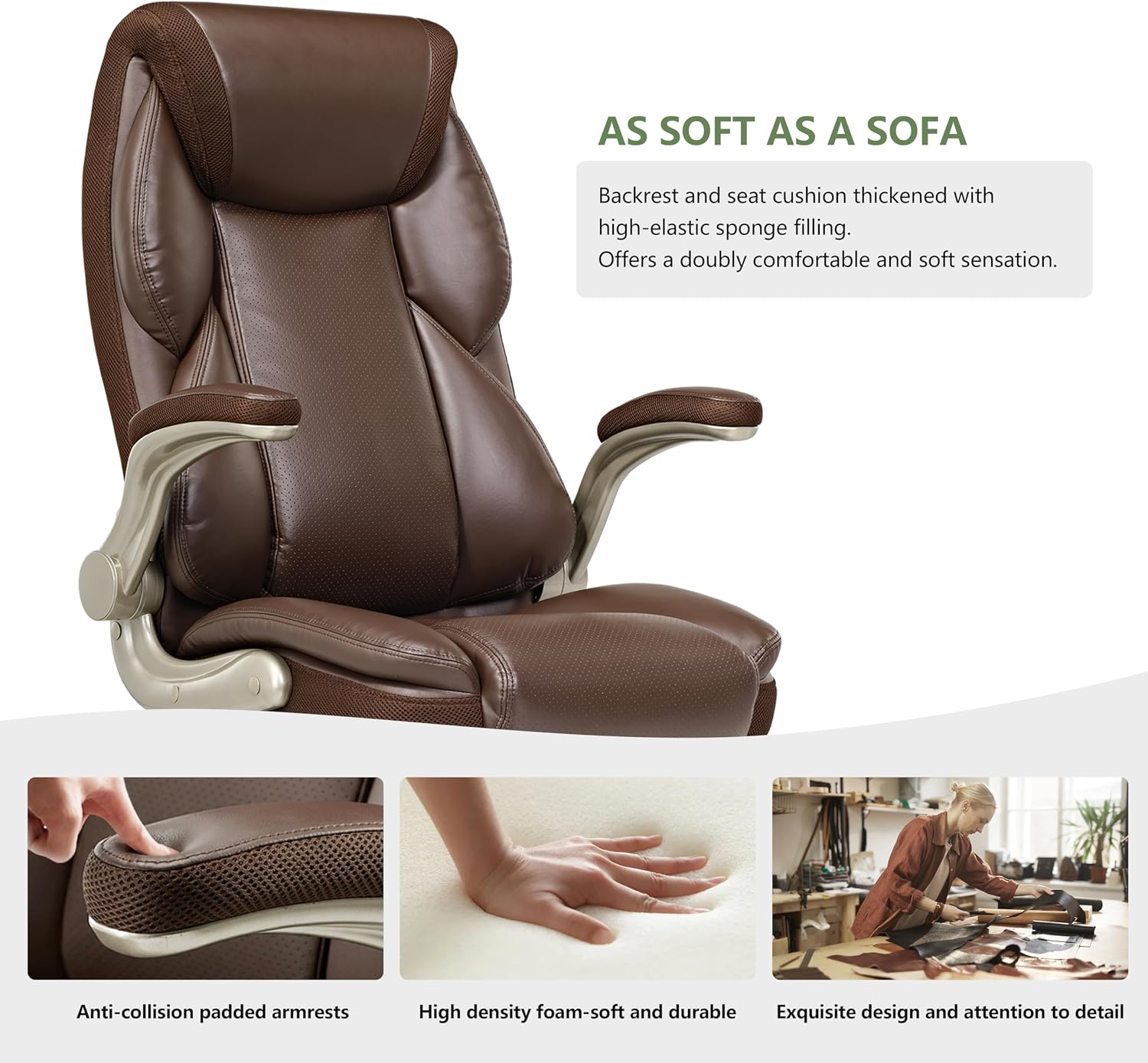 EUREKA ERGONOMIC Galene Executive Office Chair Flip Up Arm Rest, Ergonomic Desk Chair Faux Leather Computer Chair, High Back Office Chair with Headrest, Home Office Desk Chairs with Wheels, Brown