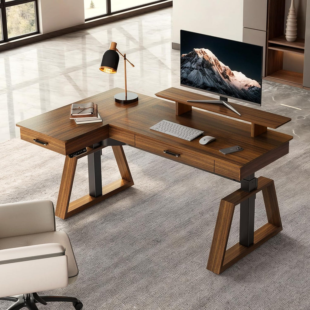 EUREKA ERGONOMIC L Shaped Desk 63', Solid Walnut Wood Top, Executive Standing Desk Adjustable Height, Dual Motor Corner Workstation with Drawers & Monitor Shelf for Home Office, Left