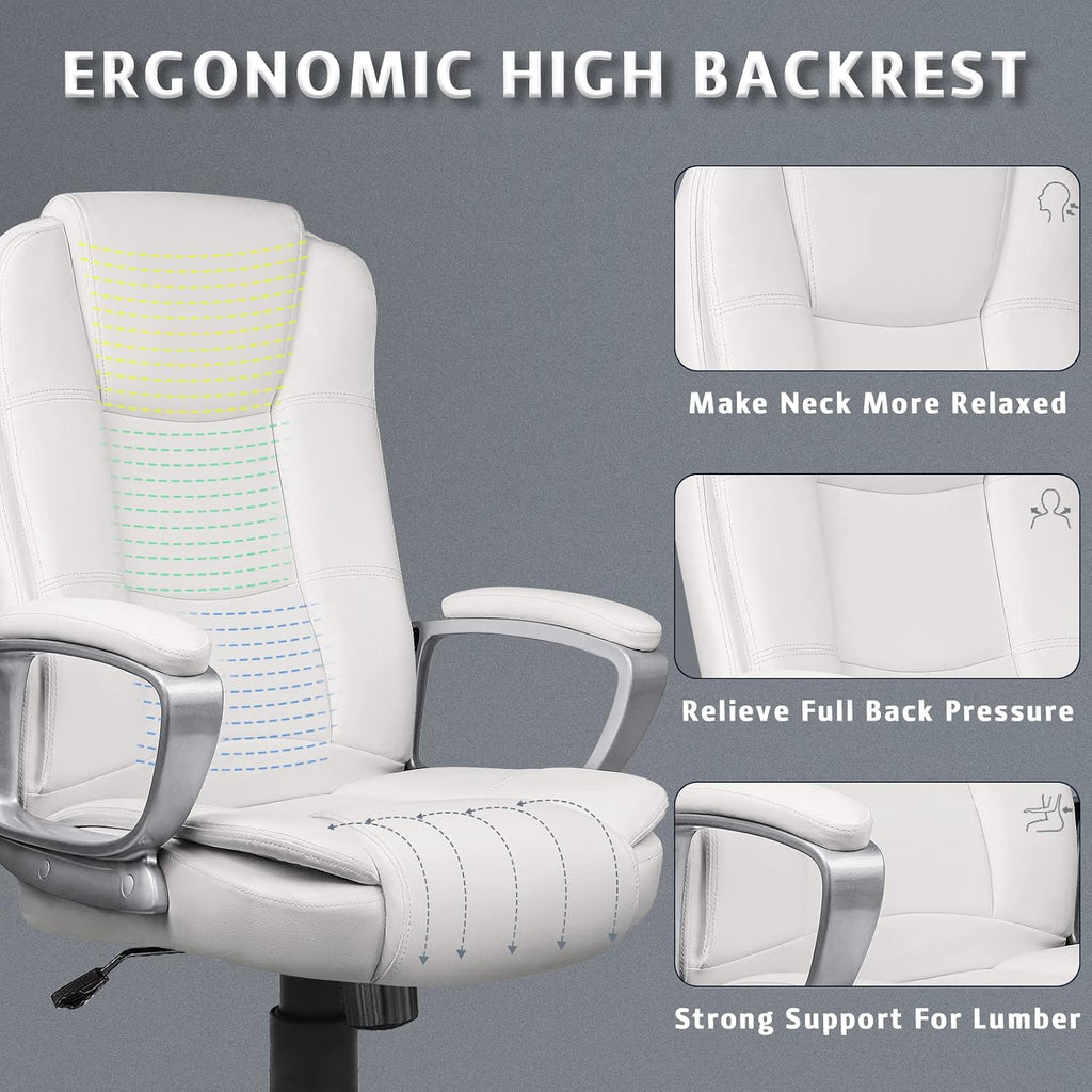LEMBERI Office Desk Chair, Managerial Executive Chair, High Back Computer Chair, Ergonomic Height Adjustable PU Leather Chairs with Padded Armrest for Long Time Sitting (White)