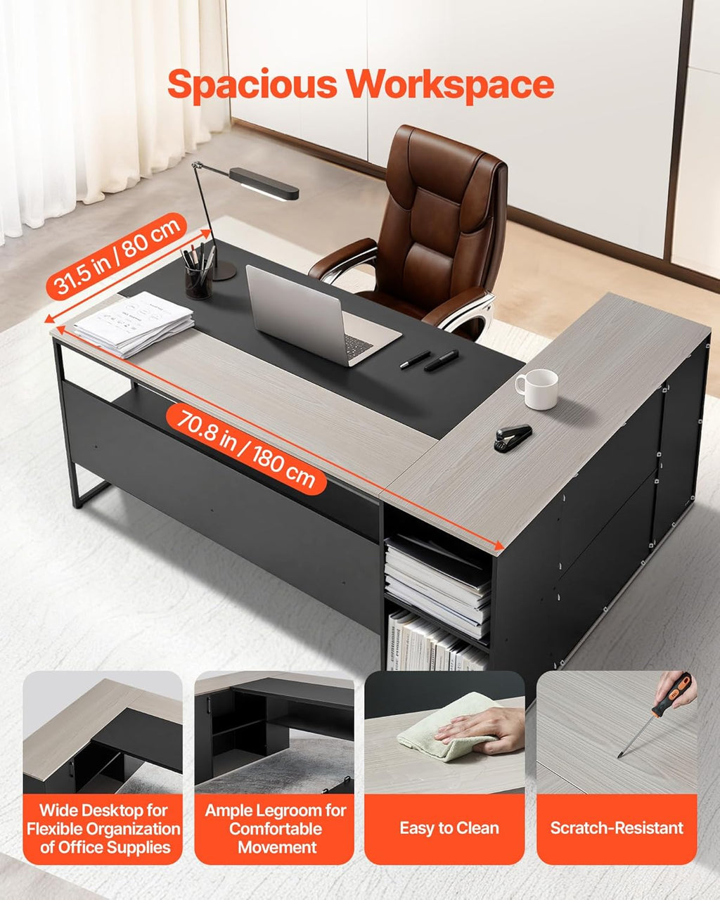 VEVOR 71' L-Shaped Executive Desk, Large Computer Desk with Drawers, File Storage Cabinet, CPU Stand, 350 LBS Load Capacity Corner Table, Easy Assembly, for Work Study