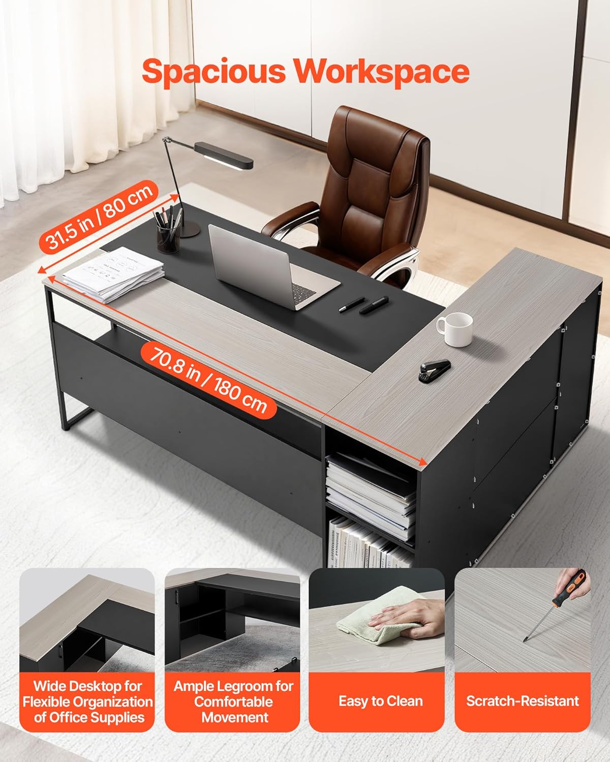 VEVOR 71' L-Shaped Executive Desk, Large Computer Desk with Drawers, File Storage Cabinet, CPU Stand, 350 LBS Load Capacity Corner Table, Easy Assembly, for Work Study