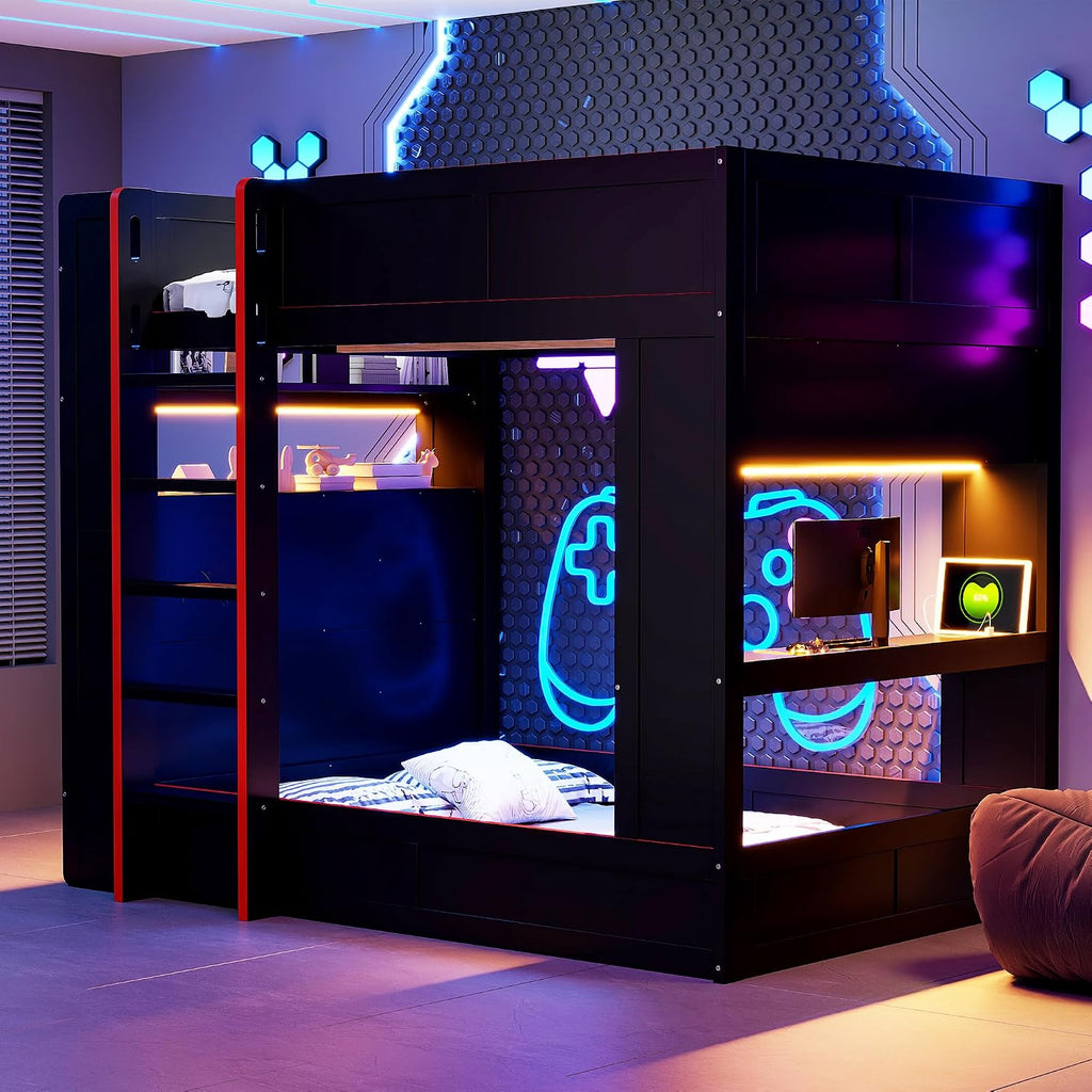 VilroCaz Wood Full Size Gaming Loft/Bunk Bed with Desk and Storage Shelves, Multifunctional Design Bunk Bed/Loft Bed with LED and Charging Station for Kids Teens Adults