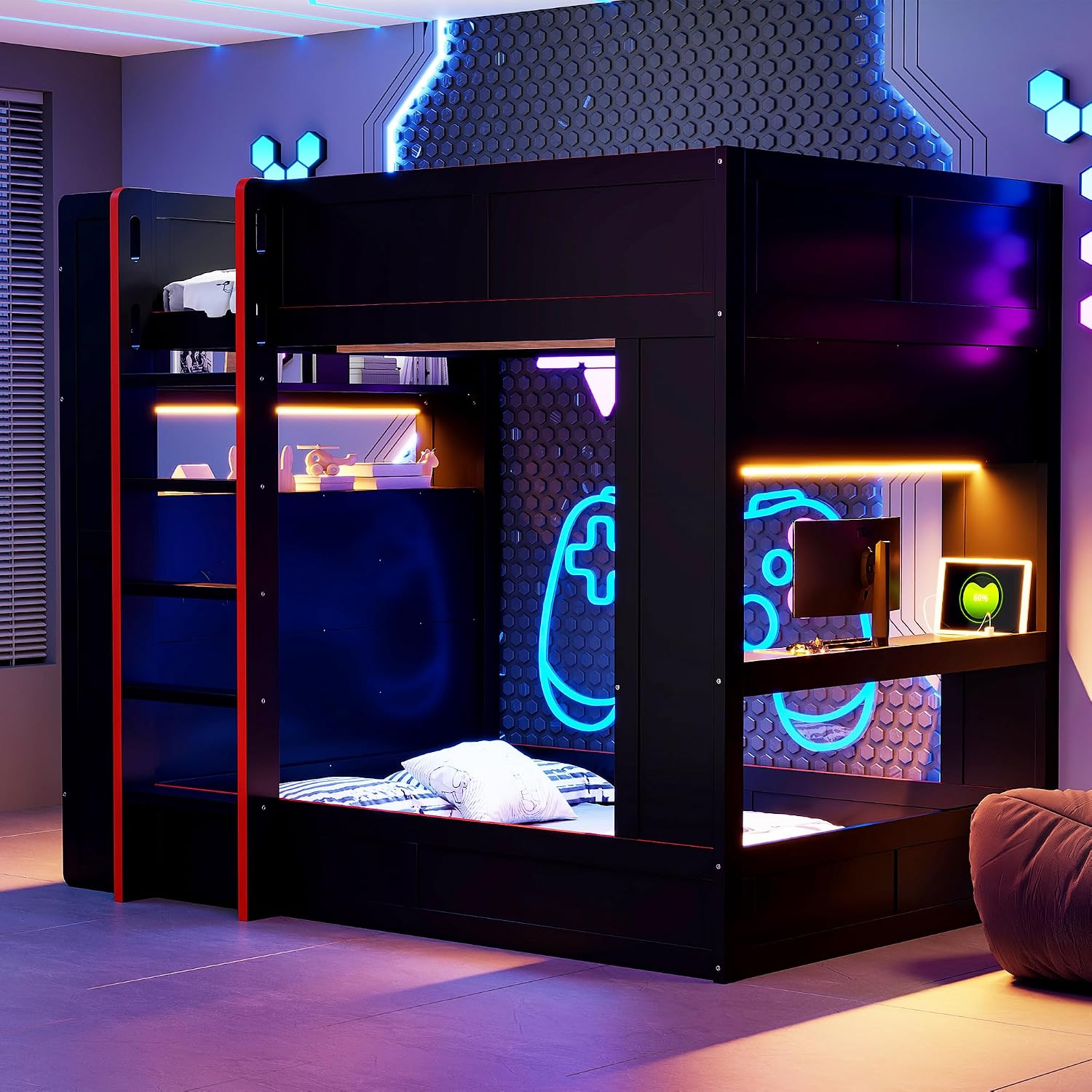 VilroCaz Wood Full Size Gaming Loft/Bunk Bed with Desk and Storage Shelves, Multifunctional Design Bunk Bed/Loft Bed with LED and Charging Station for Kids Teens Adults
