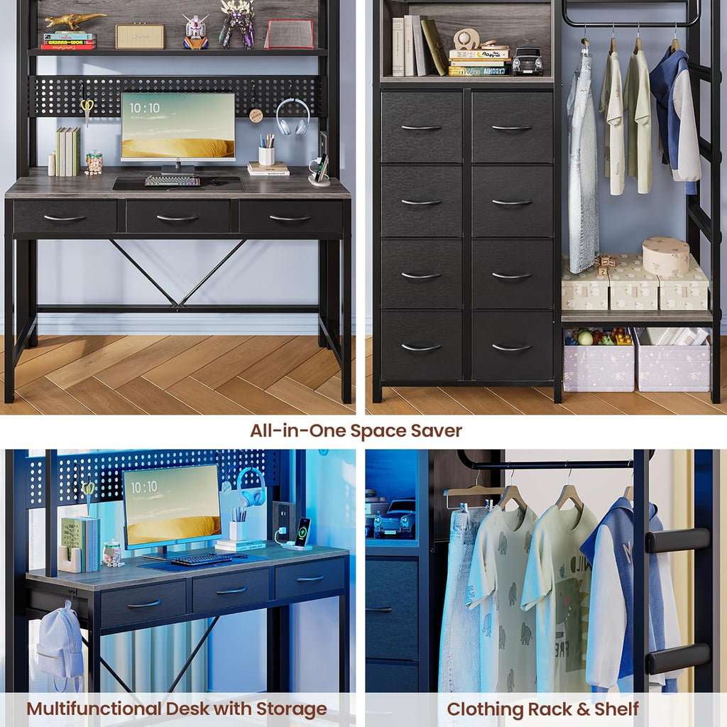ADORNEVE Loft Bed Twin Size with Desk, 11 Storage Drawers, Metal Kids Loft with RGB Lights, Charging Station, Shelves & Clothing Rack, 13.4' H Safety Guard & Paded Ladder, Black & Grey