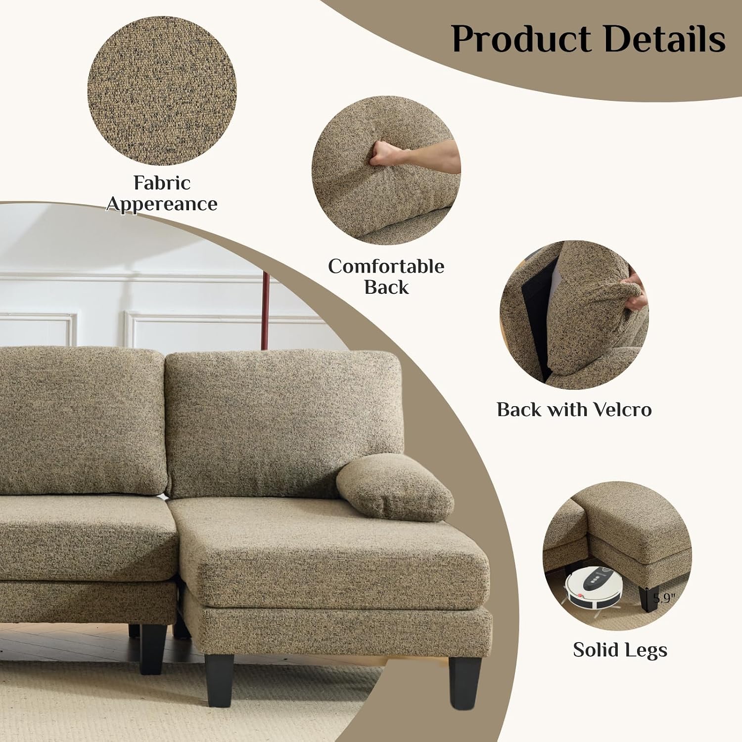 Karl home 110' U-Shape Sectional Couches for Living Room Chenille Upholstery 4 Seat Sofa Set with Double Chaises & Wood Grain Legs for Apartment, Khaki
