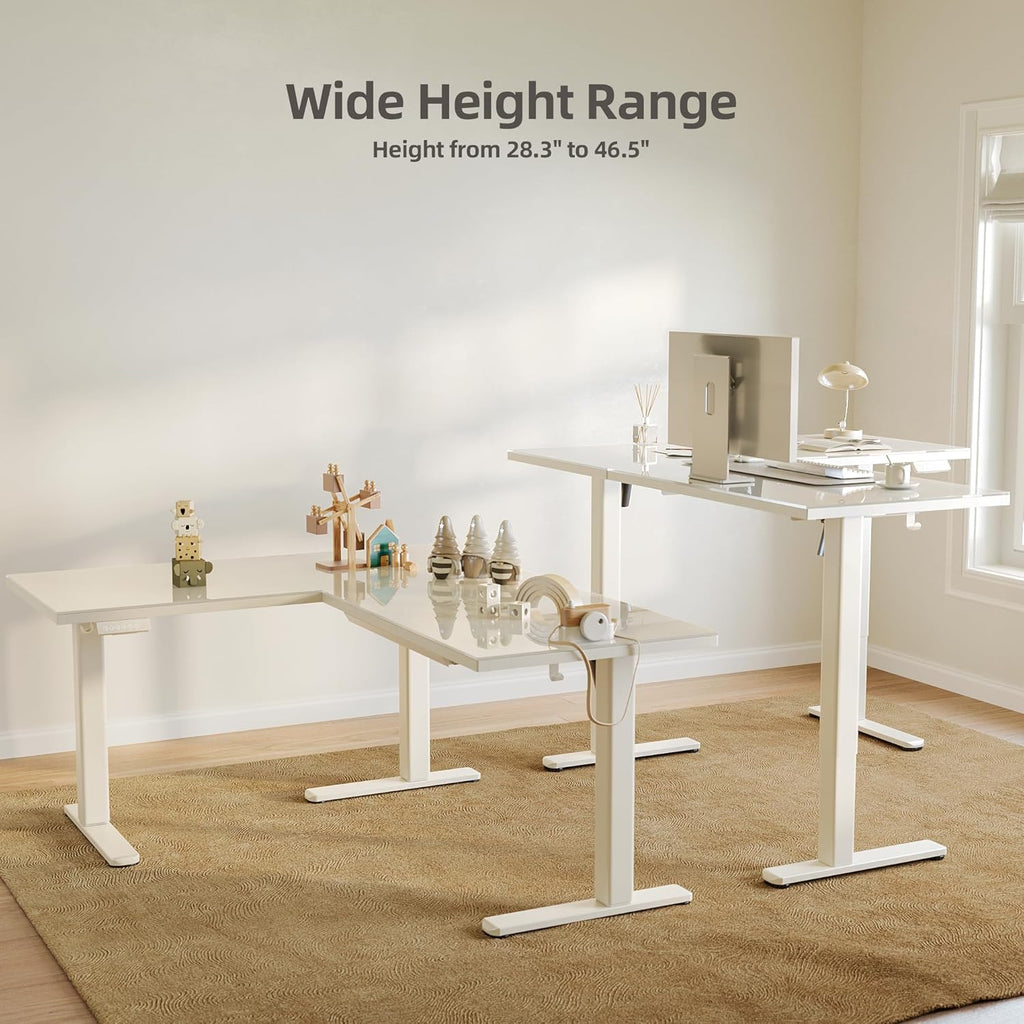 INNOVAR L Shaped Glass Standing Desk Adjustable Height, Dual Motor Electric Corner Standing Desk with Drawers, 63x55 inch Sit Stand up Desk with Splice Board for Home Office, White