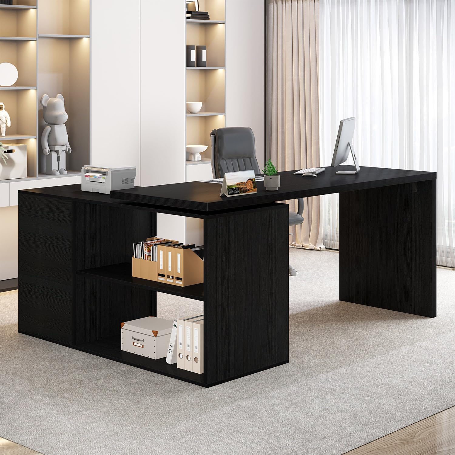 HSH Black L Shaped Computer Desk with Drawers, Home Office Desk with Storage Cabinet Shelves, Reversible Corner Wood Writing Desk for Executive Work Study, Large Bedroom Computer Table, 55 Inch