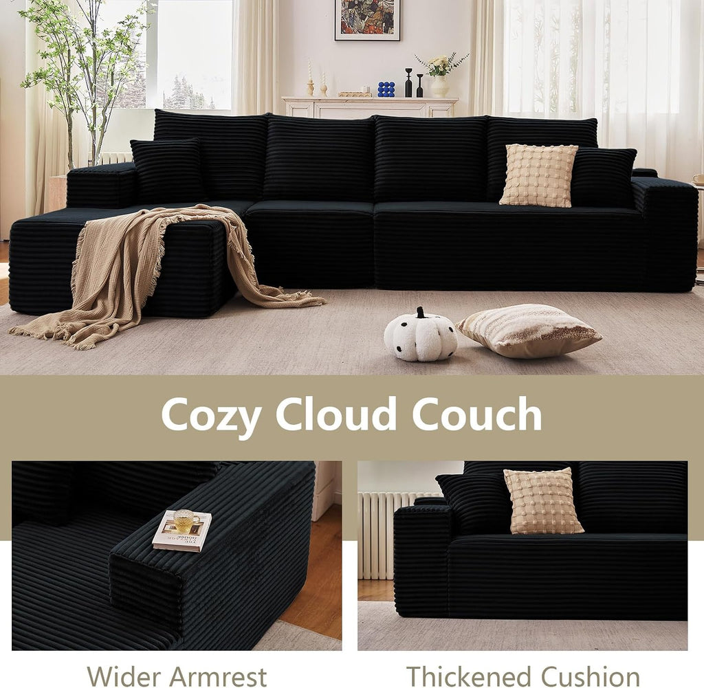 135' Modular Sectional Couches for Living Room, Comfy Boneless L Shaped Cloud Couch with Chaise Lounge, Modern Cozy Corduroy Deep Seat Floor Sofa, Memory Foam, No Assembly Required, Black