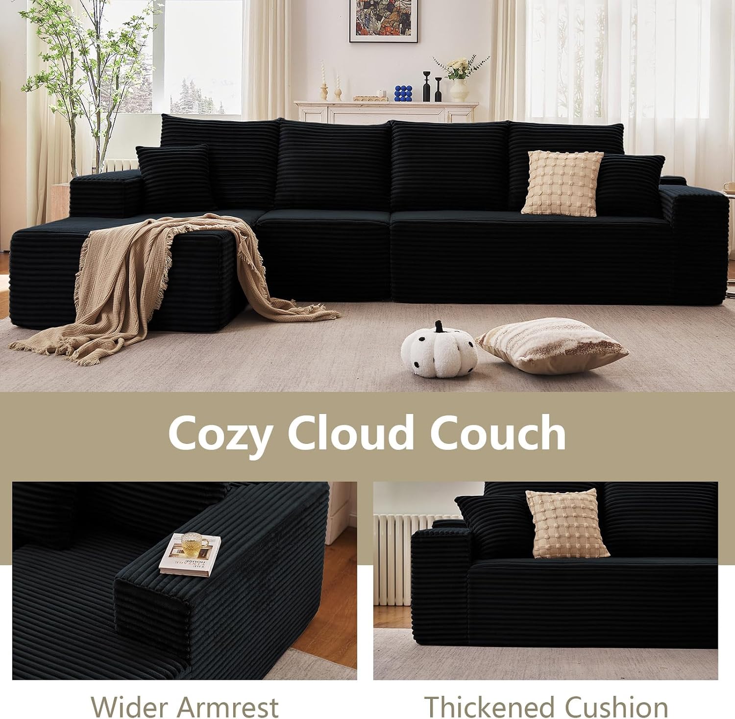 135' Modular Sectional Couches for Living Room, Comfy Boneless L Shaped Cloud Couch with Chaise Lounge, Modern Cozy Corduroy Deep Seat Floor Sofa, Memory Foam, No Assembly Required, Black