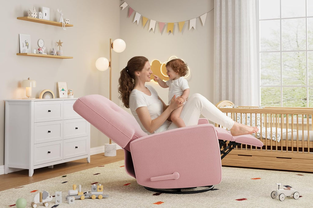 Garvee Nursery Recliner Chair, 360° Swivel Rocking Glider Chair for Adults with Adjustable Backrest & Footrest, Upholstered Armchair for Living Rooms, Bedrooms, Apartments, Pink