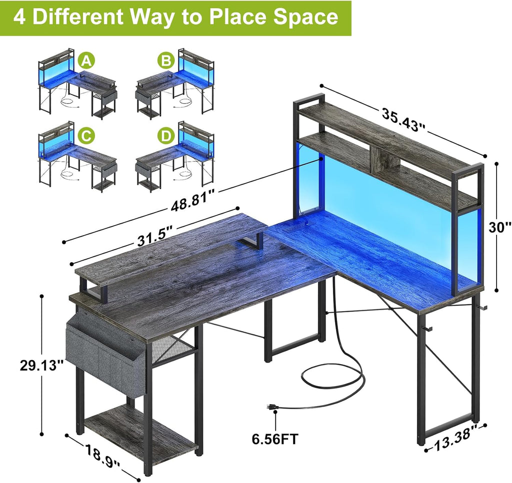 Besiost Small L Shaped Gaming Desk with Power Outlets, 48' Reversible L Shaped LED Computer Desk with Monitor Stand & Storage Shelf, Corner Gamer Desk Home Office Desk with Storage Bag, Black Oak