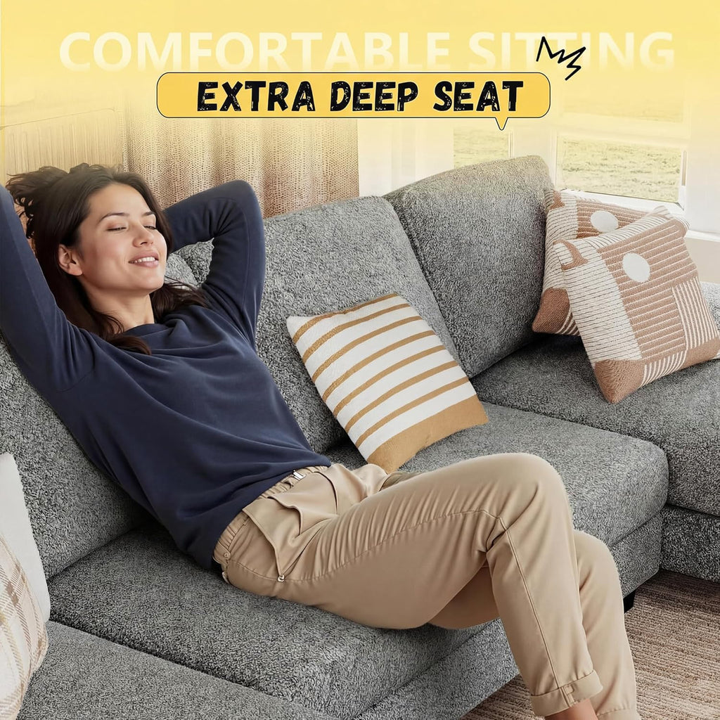 JUMMICO Sectional Couches for Living Room, U Shaped Couch with Chenille Fabric, 4 Seat Modern Sofa with Removable Pillows for Apartment and Small Space (Loop Yarn, Pearl Gray)