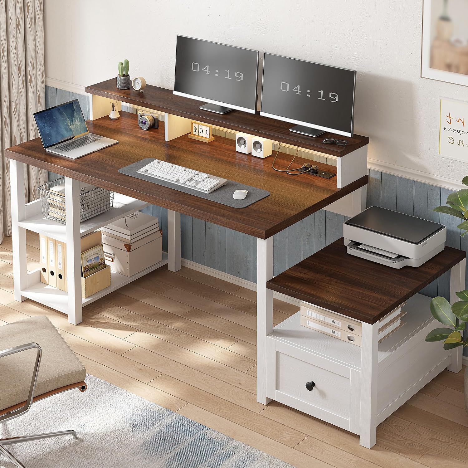 EnHomee 60.4' Computer Desk with Drawer & Power Outlet, Gaming Desk with LED Light, Farmhouse Desk Study Desk with Monitor Stand, Home Office Desk, Work Desk for Bedroom, Study Room, White