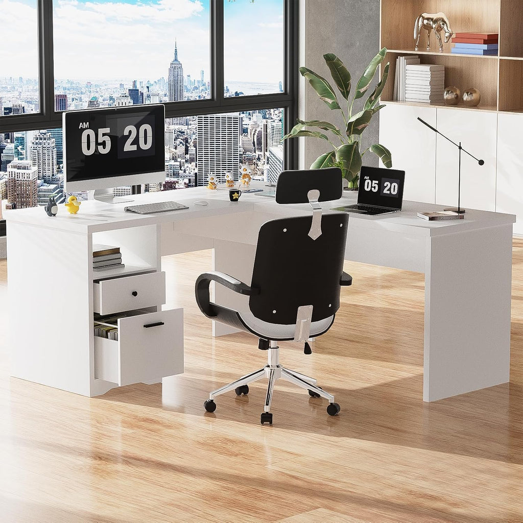 Unikito Lift Top L Shaped Desk with Drawer, Large Office Desk with Power Outlets and USB Charging Ports, Sturdy Corner Computer Desk Writing Table with Storage, L Shape Standing Desk, White