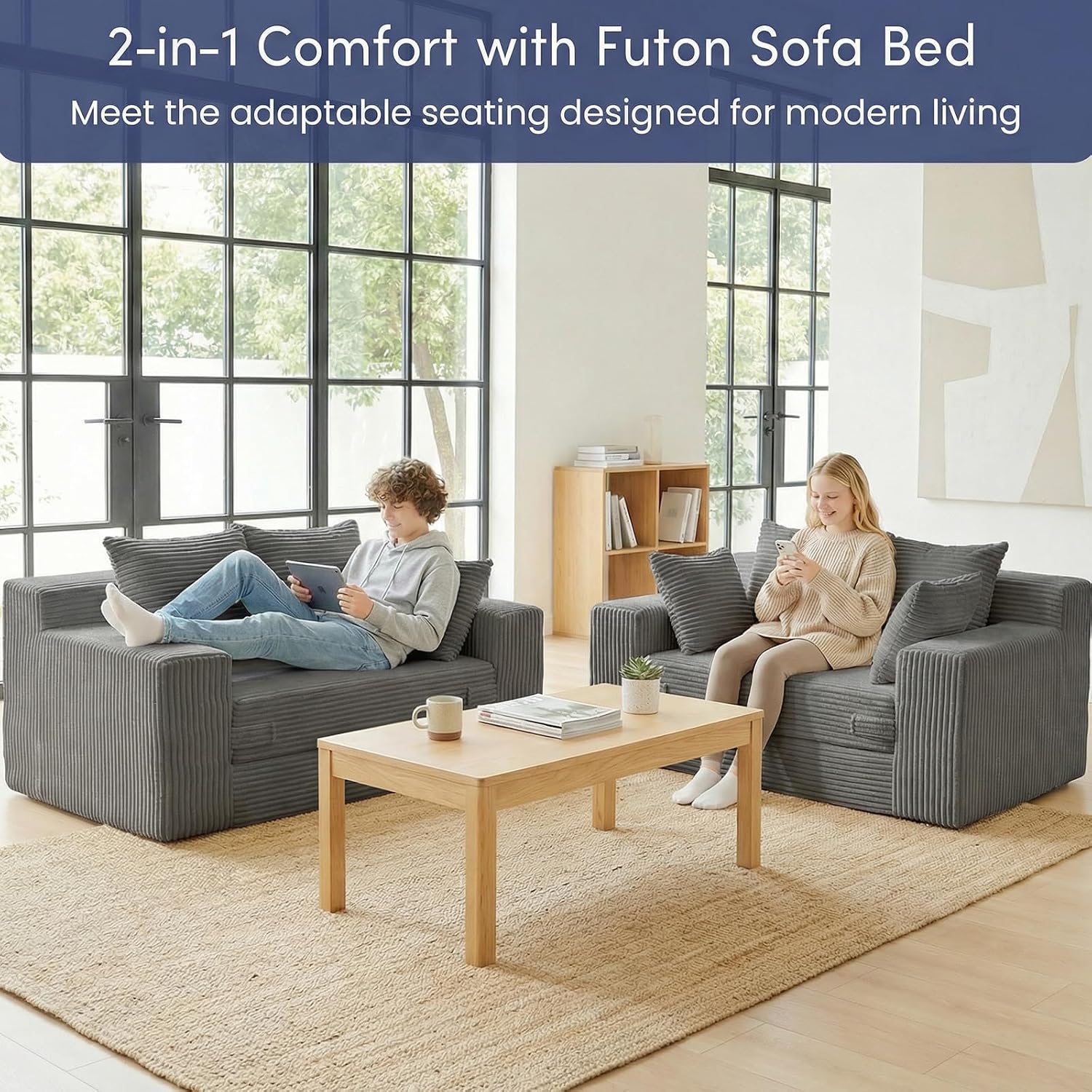 cidludto Boneless Couch Loveseat Sleeper, Convertible Sofa Bed Folding Couch Bed Foldable, 2 in 1 Boneless Chair Bed & Futon Sofa Bed, Small Pull Out Sofa with 4 Pillows for Living Room, Grey | No Assembly, Convertible, 2 in 1, Pull Out Handle, 4 Pillows