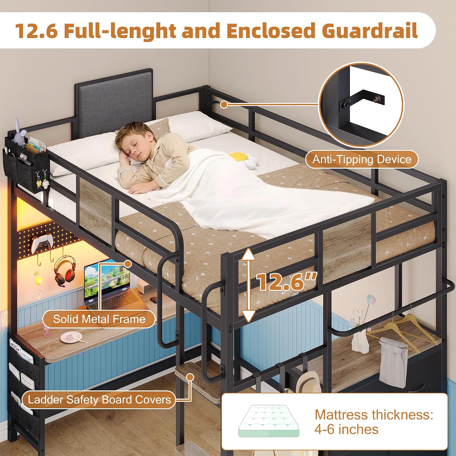 Dnxao Twin Loft Bed with Desk, Heavy Duty Twin Bed Frame with Integrated 6 Storage Drawers & DIY Pegboard, Smart LED Lights, Charging Station with Type-C, Space-Saving Workstation for Teens,Oak Gray