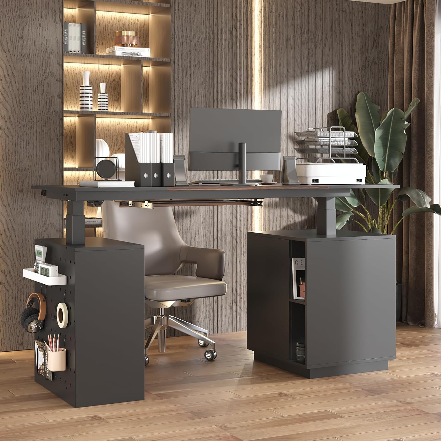 63' Electric Standing Desk with Lockable Drawer, Pegboard and Keyboard Tray, Height Adjustable Stand up Desk with File Cabinet & Shelves, Home Office Computer Gaming Table, Black