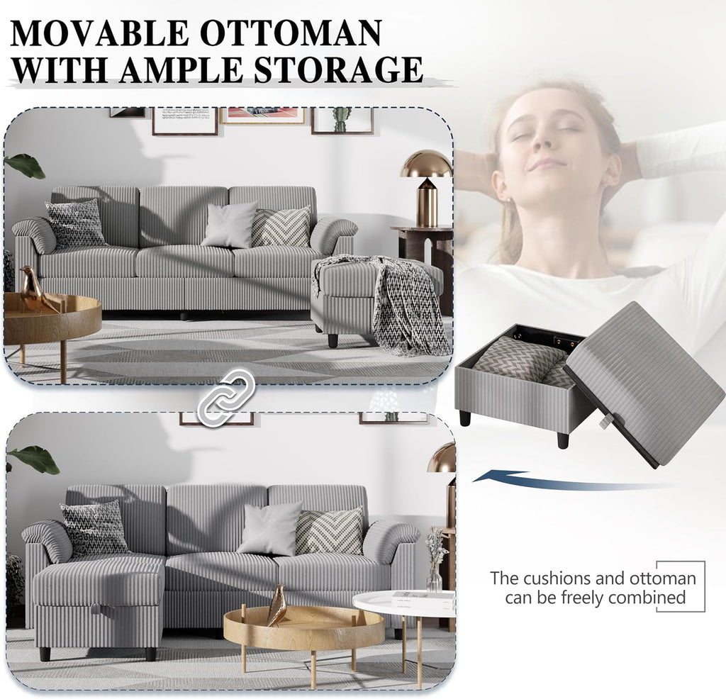 Sectional Sofa Couch for Living Room, 79' Sectional Couches with Storage Ottoman, L Shaped Couch with Sloping Armrests, 3-Seat Sofa Couches for Small Space, Light Grey | Breathable Material