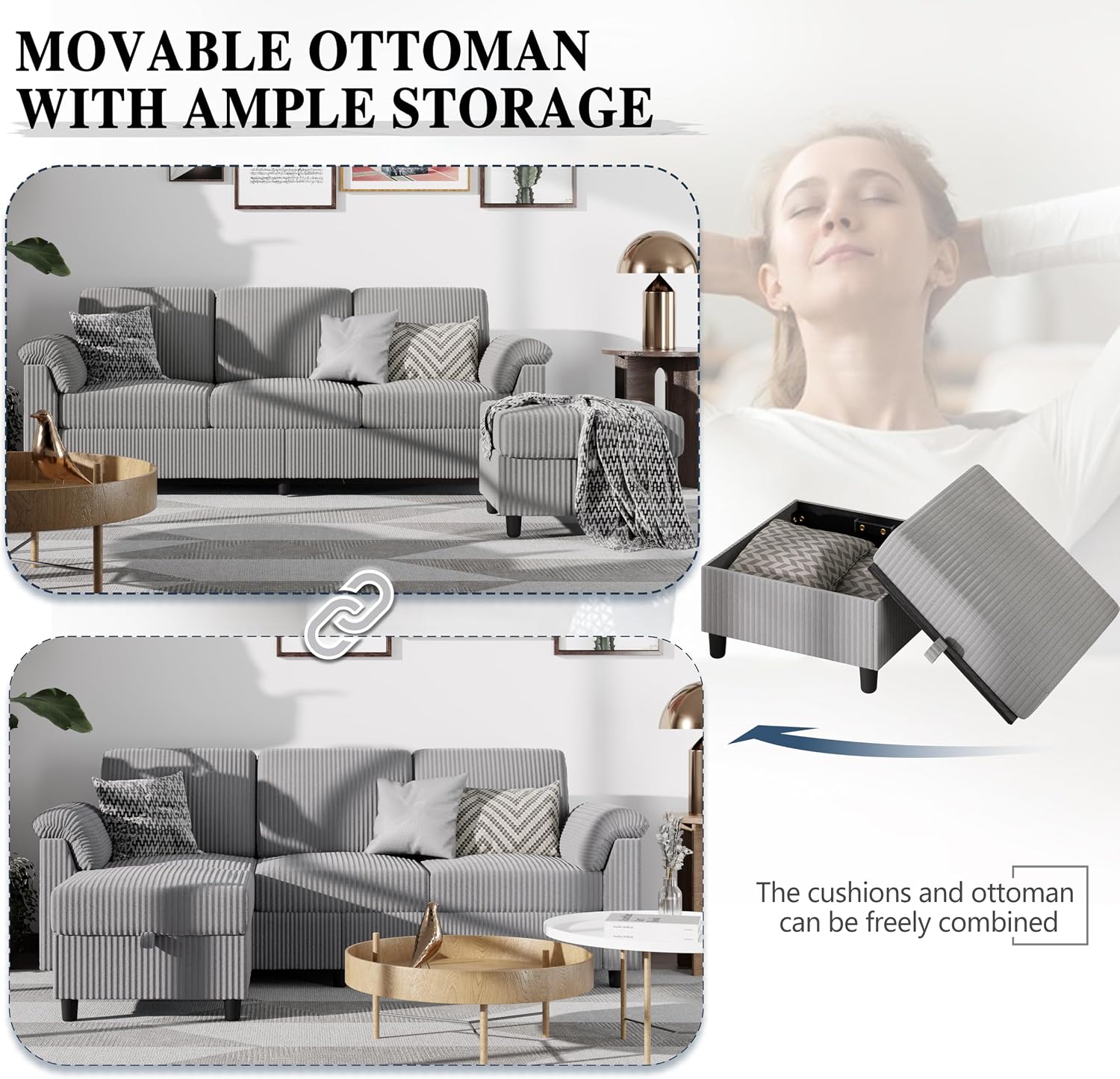 Sectional Sofa Couch for Living Room, 79' Sectional Couches with Storage Ottoman, L Shaped Couch with Sloping Armrests, 3-Seat Sofa Couches for Small Space, Light Grey | Breathable Material