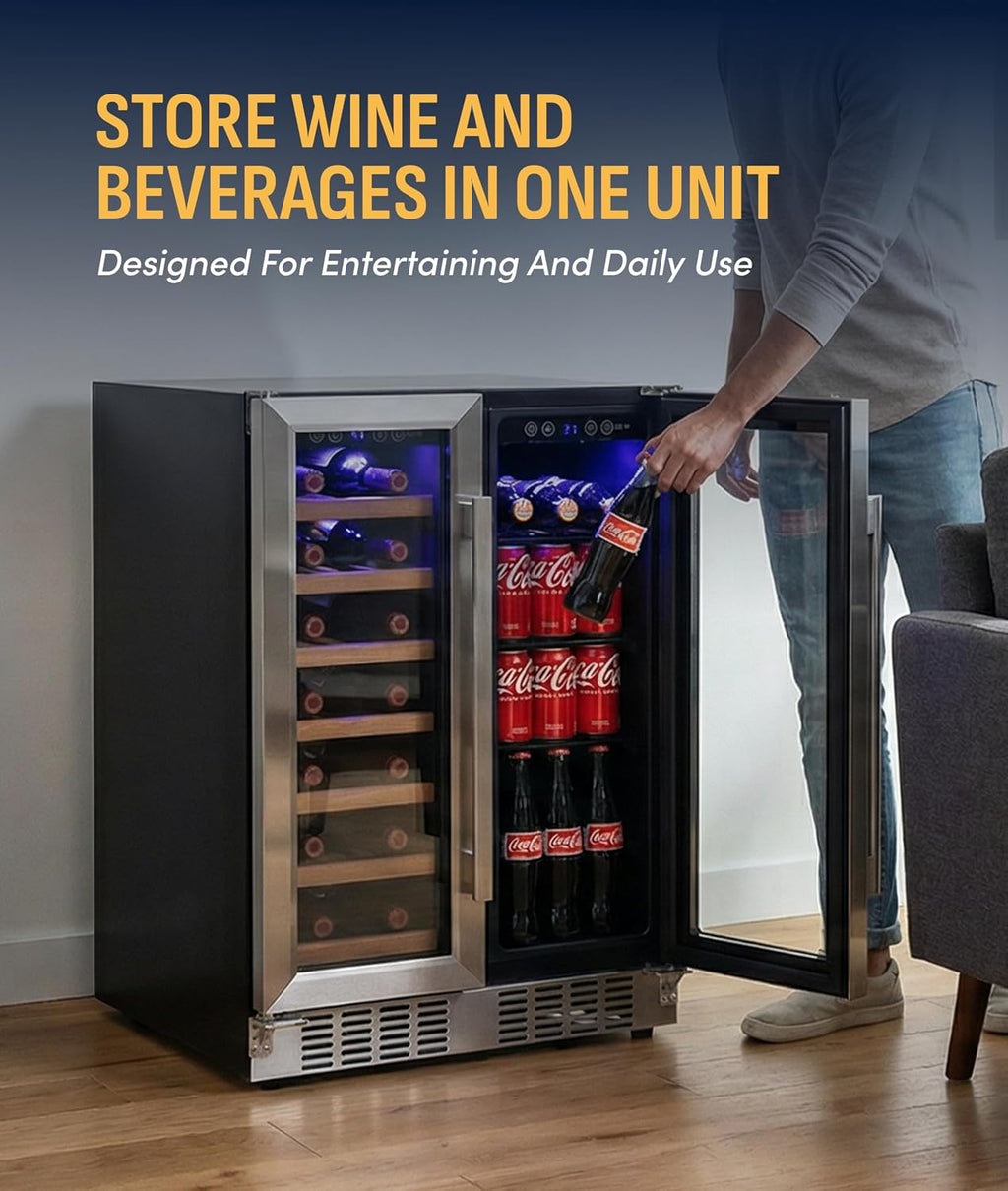 NewAir 24' Dual Zone Beverage Refrigerator & Wine Cooler for 20 Bottles & 78 Cans | Freestanding or Built-In Under Counter Mini Fridge for Beer, Wine and Soda | Stainless Steel