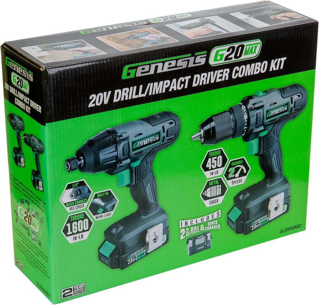 Genesis G20MAX 20V Drill/Impact Driver Combo Kit, LED Light Metal Ratcheting Chuck, 450 in-lbs drill, 1600 in-lb Impact Driver Two 2.0Ah Batteries, Charger, and Storage Bag GL20DIDKB2