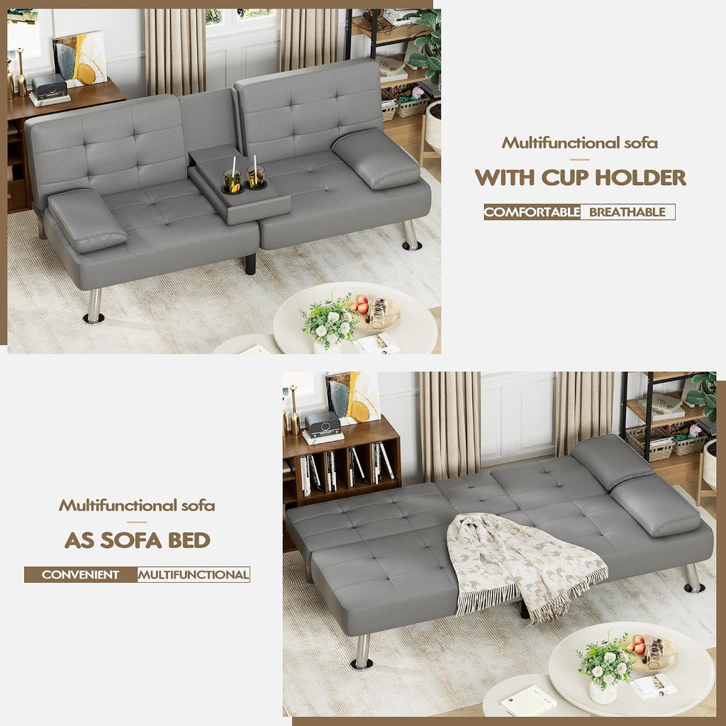 Homall Futon Sofa Bed, Leather Futon Couch with Removable Armrests, Adjustable Recliner Sleeper Sofa Bed with Dual Cup Holders for Living Room, Apartment, Office (Gray)