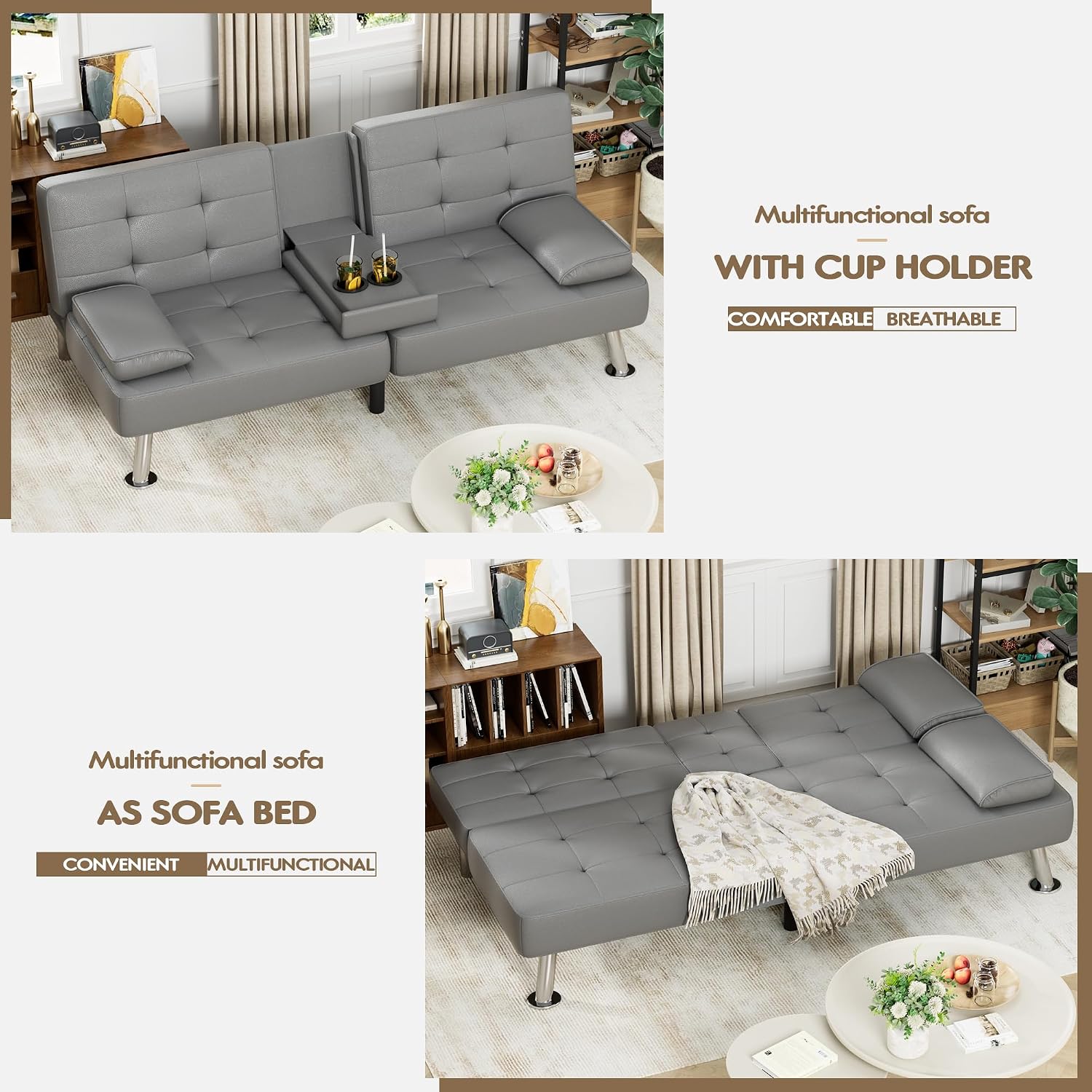 Homall Futon Sofa Bed, Leather Futon Couch with Removable Armrests, Adjustable Recliner Sleeper Sofa Bed with Dual Cup Holders for Living Room, Apartment, Office (Gray)