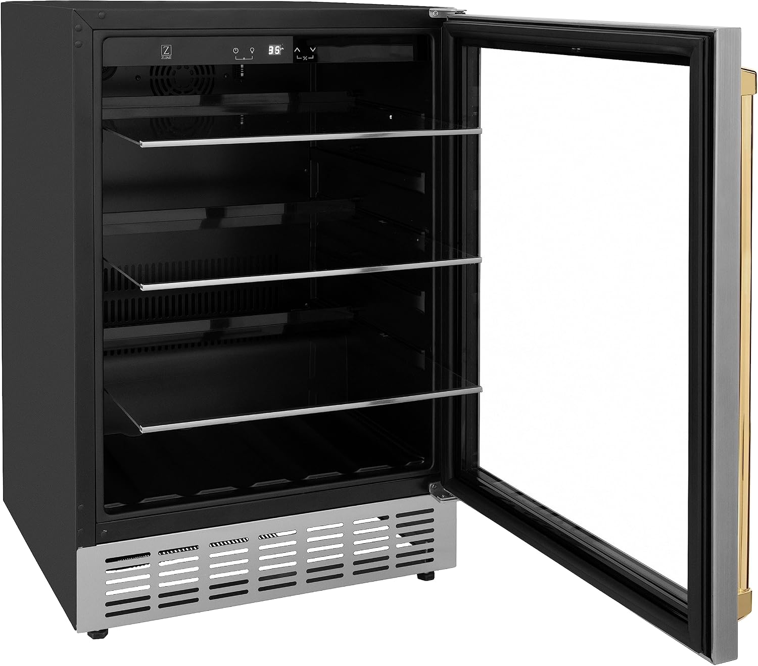 Z Line Kitchen and Bath ZLINE 24' Autograph Edition 154 Can Beverage Cooler Fridge with Adjustable Shelves in Stainless Steel with Gold Accents (RBV-US-24-G)