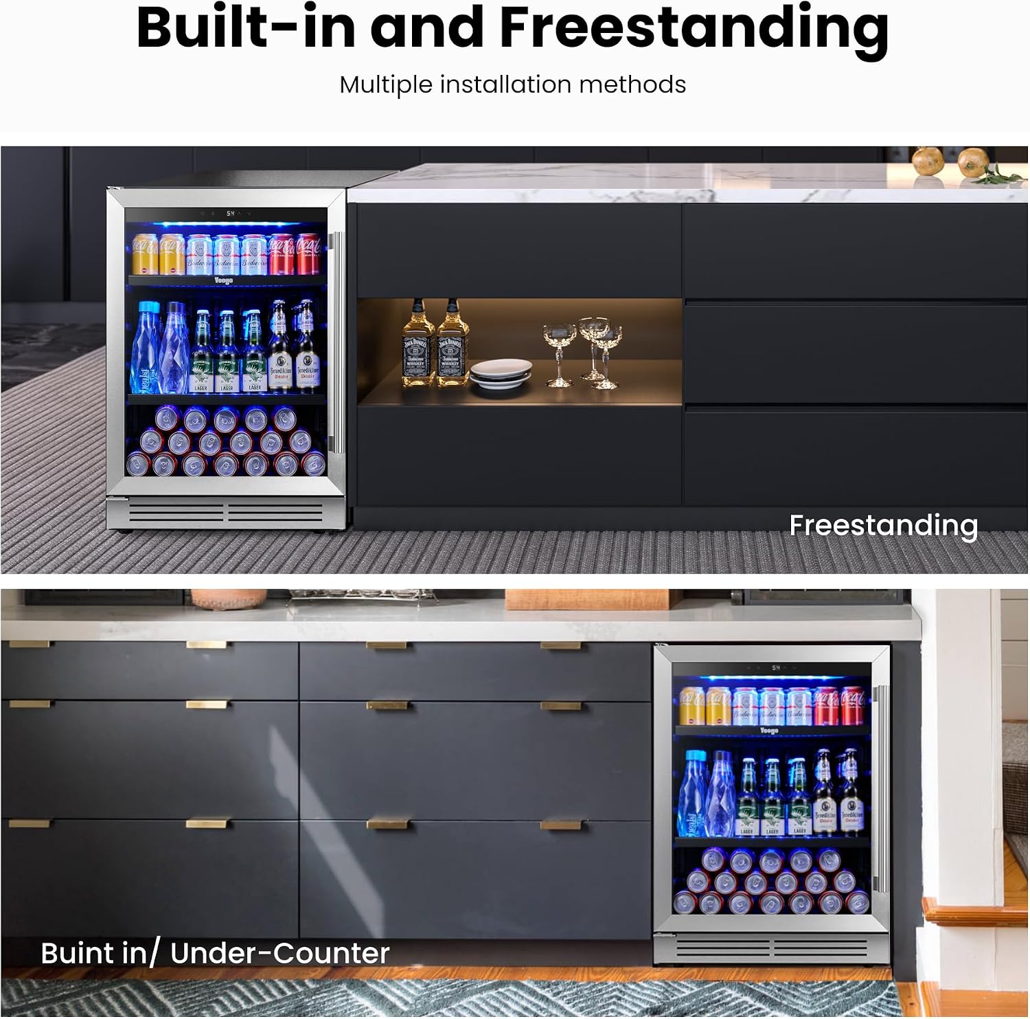 Yeego Beverage-Refrigerator, 24 Inch Beer Cooler Built-in or Freestanding,180 Cans Beverage Cooler with Glass Door，Mini-Fridge for Bottles and Cans Beer/Soda/Water/Wine(Left-Hinged)