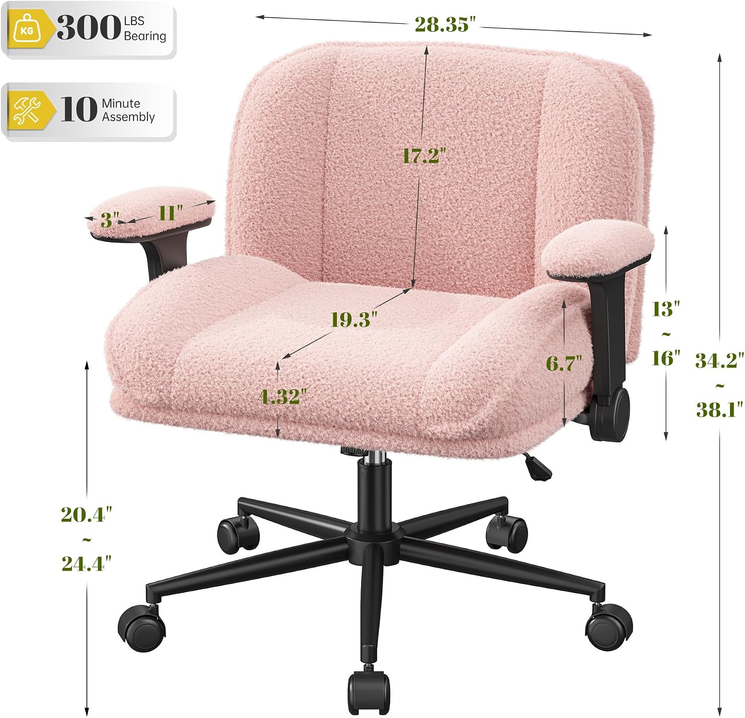 DurayLoly Criss Cross Chair with Wheels,Flip Up Arms,Wide Seat,Teddy Fleece,Adjustable Height,Cross Legged Desk Chair for Bedroom, Dorm,Home Office,Pink
